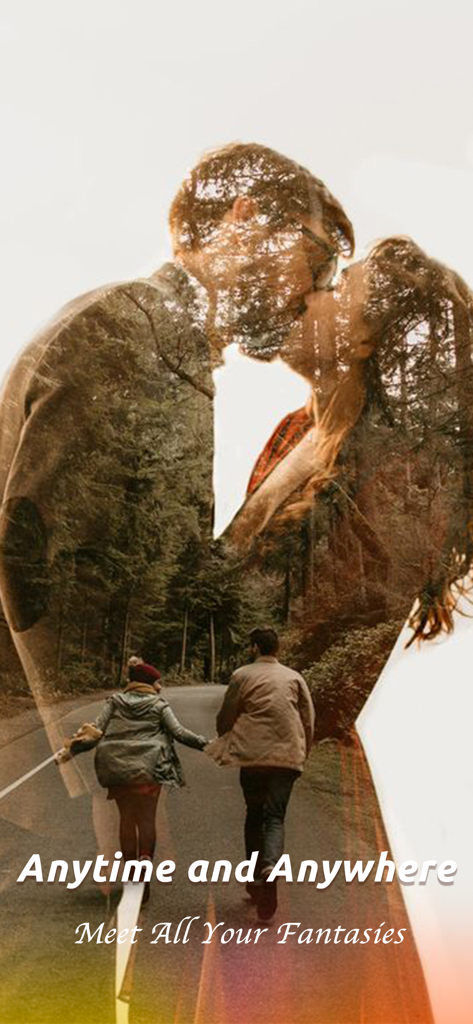 FoxNovel-Read & Story Books - Romantic double exposure of a kissing couple with text Anytime and Anywhere Meet All Your Fantasies