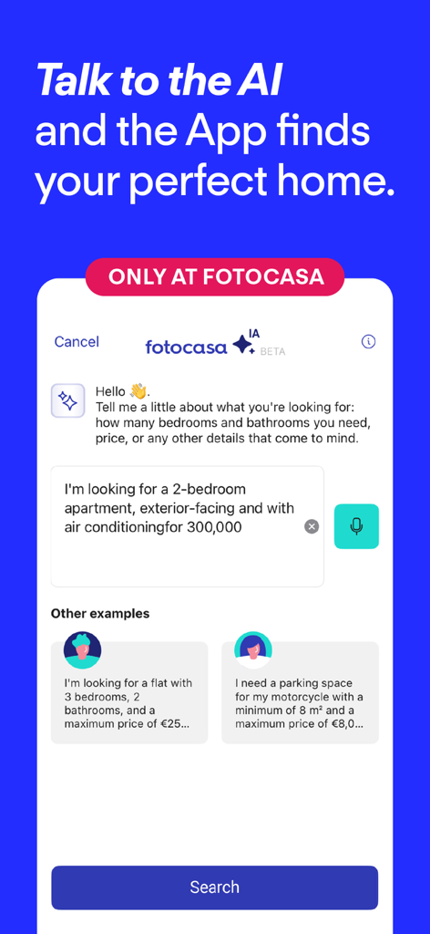 Fotocasa mobile app screen showing the AI assistant for property search