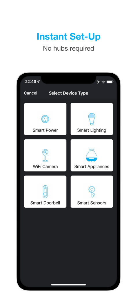 geeni - A smartphone screen from the Geeni app displaying options to select device types like smart power, lighting, cameras, and doorbells for instant setup.