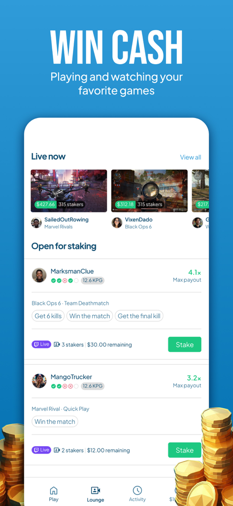 Players' Lounge - Interfaz de la aplicación móvil Players Lounge que muestra transmisiones de juegos en vivo y opciones para apostar en desafíos de jugadores para ganar premios en efectivo.