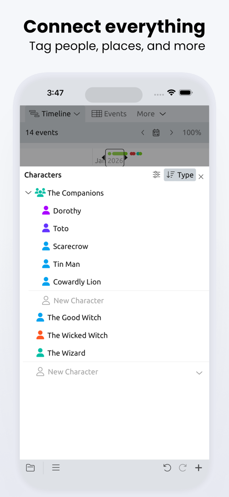 Aeon Timeline 3 - Interface de l'application mobile Aeon Timeline 3 montrant l'organisation et le marquage des personnages pour les projets d'histoire