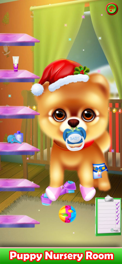 Pet Puppy Nursery Time - Filhote de Pomerânia fofo usando um chapéu de Papai Noel e fralda em uma cena de cuidados no berçário