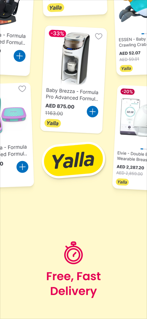 Mumzworld app interface showing curated baby products with a free and fast delivery banner.