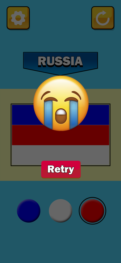 Flags Painting: Paint the Flag - ロシアの国旗のお絵かきで間違った試みを示し、泣き顔の絵文字と再試行ボタンが表示されているゲームインターフェース