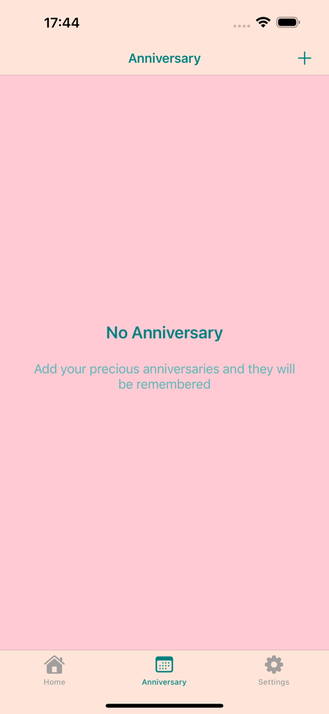 In Love: Days Counter Widget - L'écran d'anniversaire vide de l'application In Love présentant une esthétique minimaliste rose.