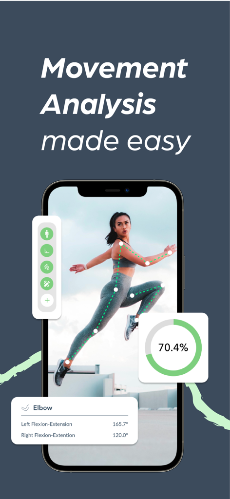 Yogger: Movement Analysis App - Yogger app interface showing automatic joint tracking and biomechanical analysis on a woman running