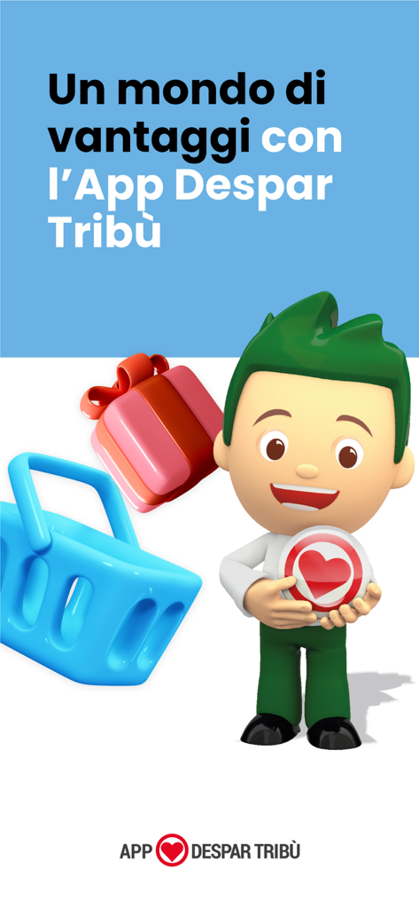 Despar Tribù - Mascotte in stile cartone animato che tiene un gettone Punti Cuore fedeltà accanto a un carrello della spesa e una scatola regalo per l'app Despar Tribu