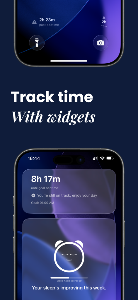 Epicnap: Sleep Procrastination - iPhone lock screen showing Epicnap widgets for tracking bedtime goals and sleep habit scores