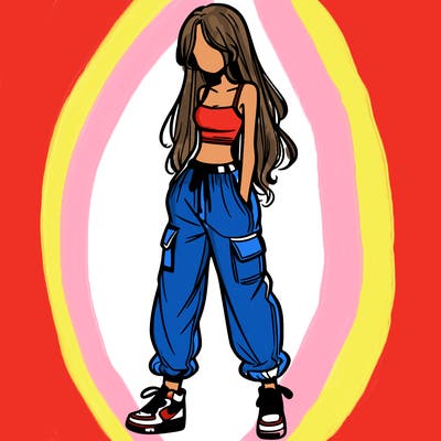 girl in baggy pants crop top and long hair