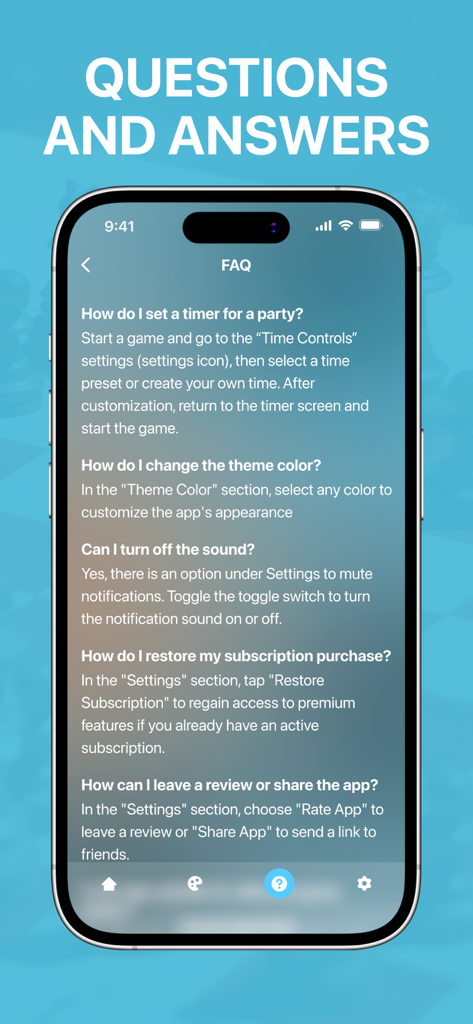 Chess Timer - Clock for Chess - Tela de FAQ e suporte para o aplicativo Cronômetro de Xadrez mostrando perguntas e respostas sobre os recursos
