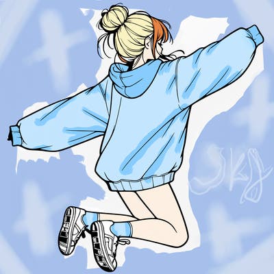 realistic girl jumping with a bun and oversized sweatshirt