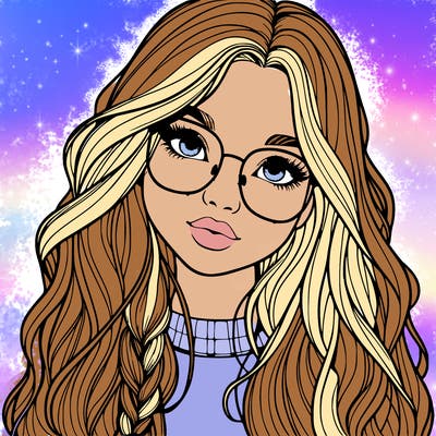girl with long hair and freckles and glasses realistic