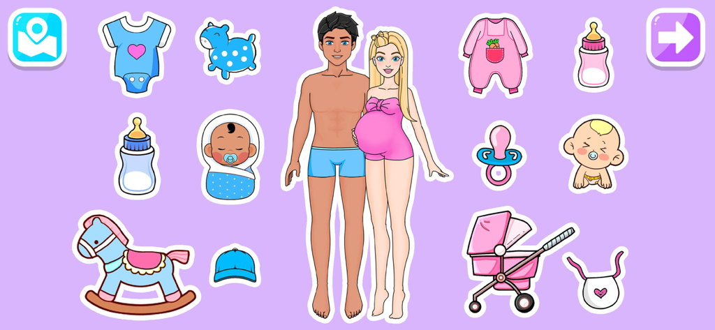 Tela de jogo de boneca de papel DIY apresentando uma mulher grávida e um homem cercados por adesivos e acessórios com tema de bebê