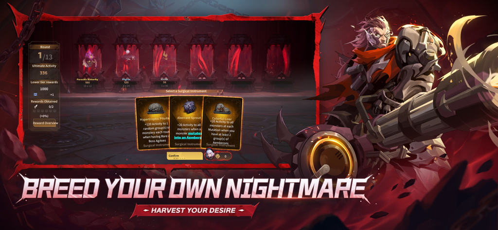 A character with a large heavy weapon next to the Breed Your Own Nightmare gameplay interface in Torchlight Infinite