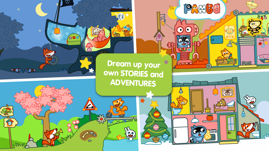 Pango Land - Collage of interactive scenes from Pango Land showing characters playing in a treehouse a workshop a garden and a house