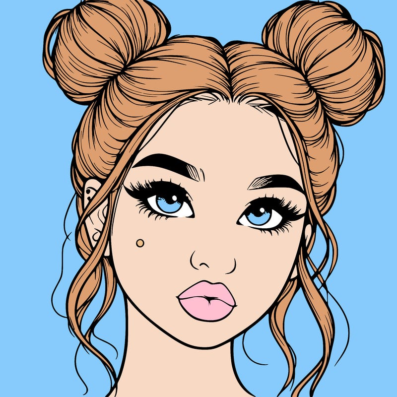 realistic girl with two buns on her hair and lips