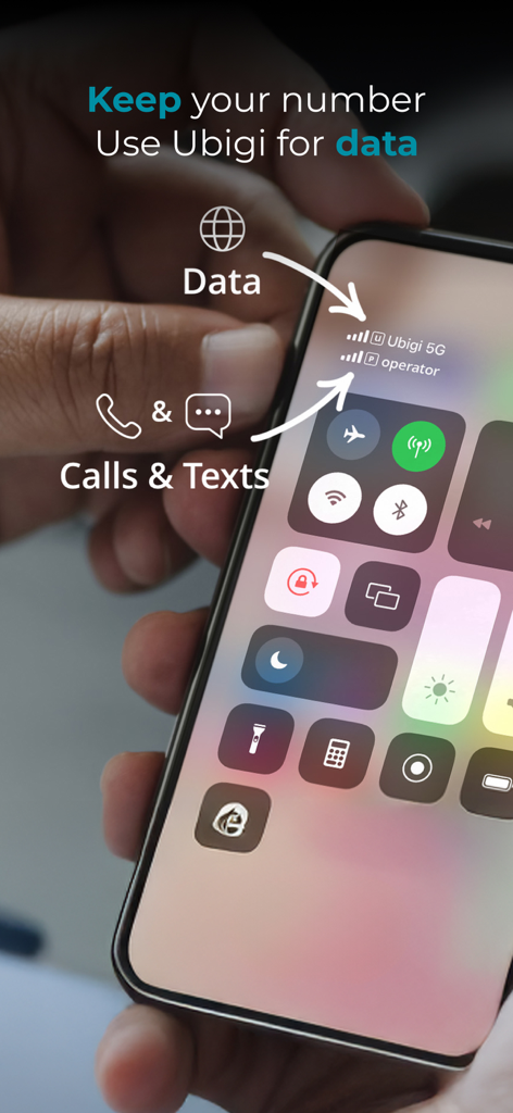 iPhone montrant une configuration double SIM avec Ubigi pour les données 5G et l'opérateur principal pour les appels et les SMS