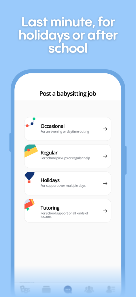 Interfaz de la aplicación Baby Sittor que muestra diferentes tipos de trabajos de cuidado de niños, incluyendo ocasional, regular, vacaciones y tutoría.