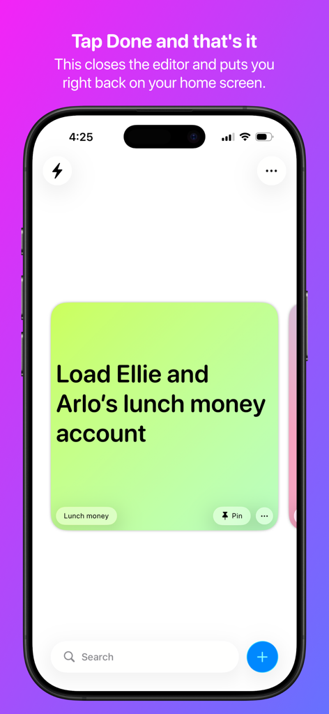 Sticky Widgets - iPhone screen showing the Sticky Widgets app editor with a green digital sticky note for lunch money reminders