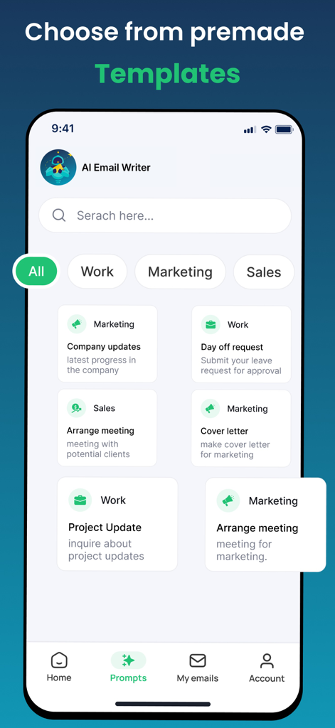 Email Writer : AI Email Writer - AI Email Writer app interface displaying various premade email templates for work, marketing, and sales categories.