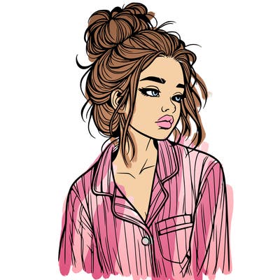 realistic woman with pajamas on and a messy bun