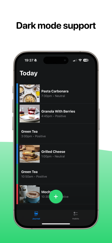 Simple Food Tracker - Smartphone displaying the Simple Food Tracker daily journal interface in dark mode