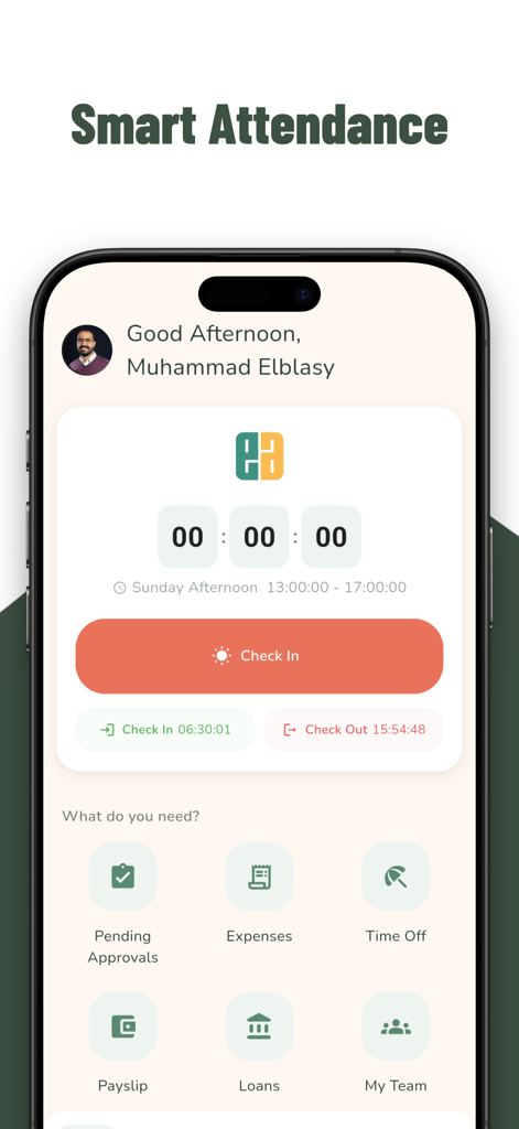 Painel inteligente de frequência do Aplicativo Móvel de RH para Odoo mostrando o botão de check-in e ícones de gerenciamento de RH