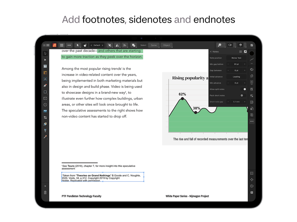 Interfaccia di Affinity Publisher 2 per iPad che mostra il layout del documento con impostazioni di note a piè di pagina e finali