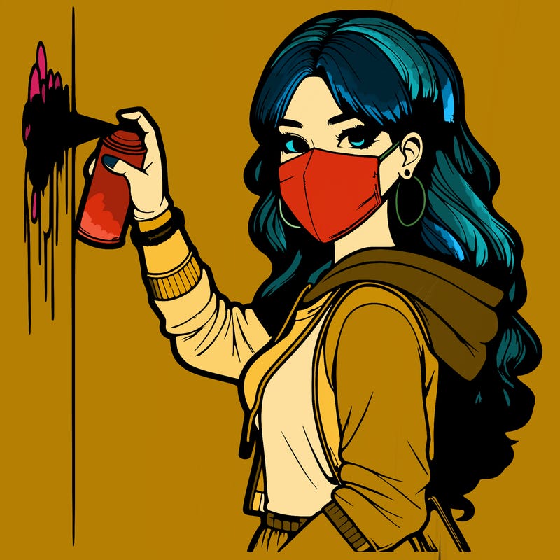 realistic girl with mask spray painting a wall