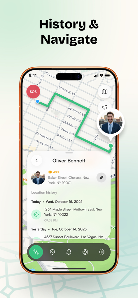 Friend Tracker: Share Location - Interface of Friend Tracker app showing a contacts recent location history and path on a map