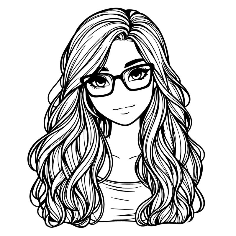 realistic girl with long hair and glasses