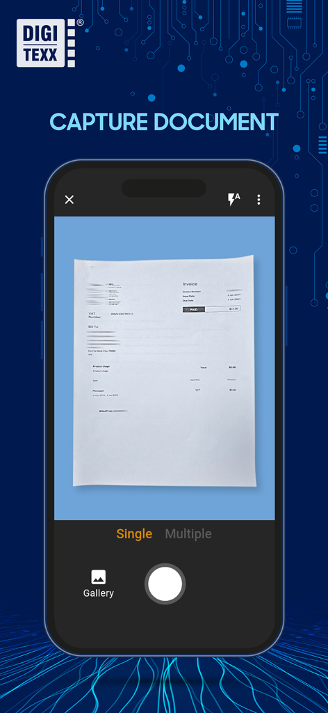 Digi Scan App - Digi Scan App mobile interface showing the capture document screen with a scanned invoice
