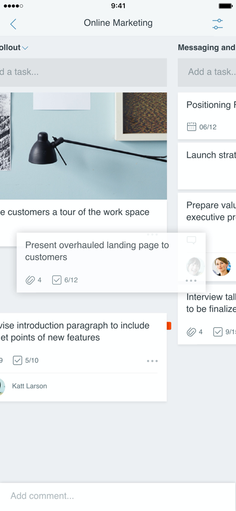 Interface da aplicação móvel Microsoft Planner a mostrar um quadro Kanban visual para a gestão de tarefas de projetos