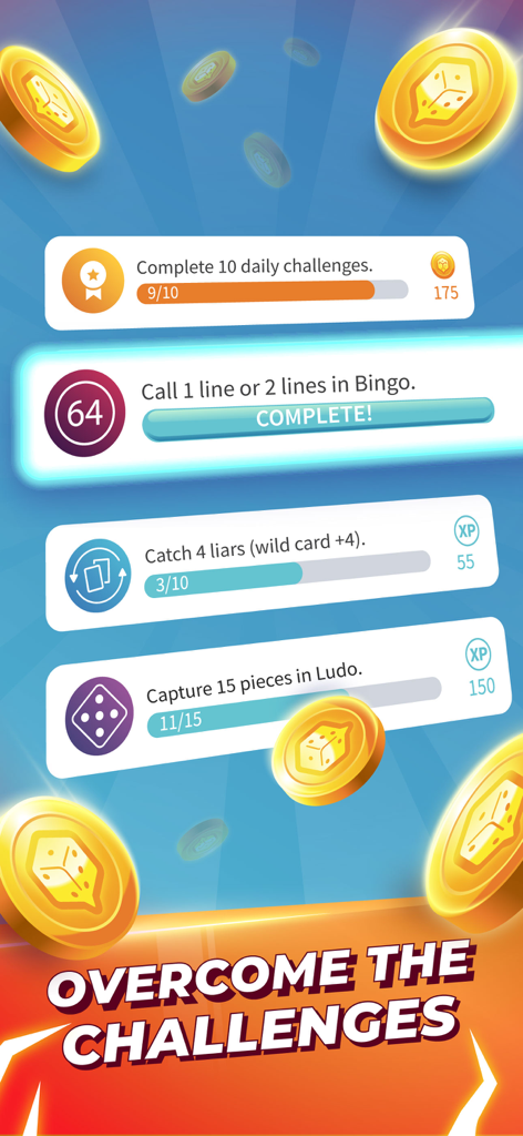 PlayJoy: Ludo, Uno, Dominoes… - Interfaz de desafíos diarios en la aplicación PlayJoy mostrando el progreso de los juegos de Bingo y Ludo con recompensas de monedas