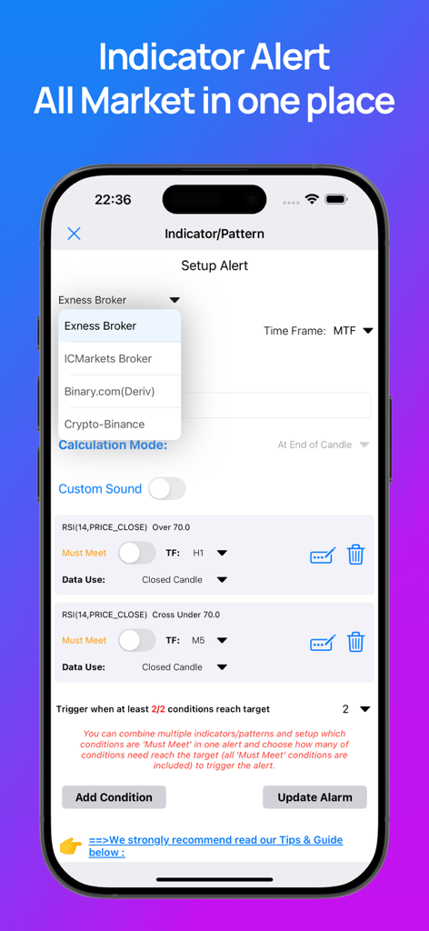 Interface d'application mobile pour la configuration d'alertes d'indicateurs techniques avec plusieurs conditions de trading