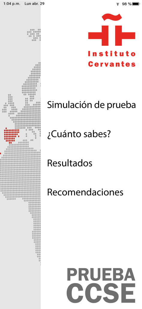 Menú principal de la app oficial de preparación del examen CCSE con opciones para simulación de examen y resultados