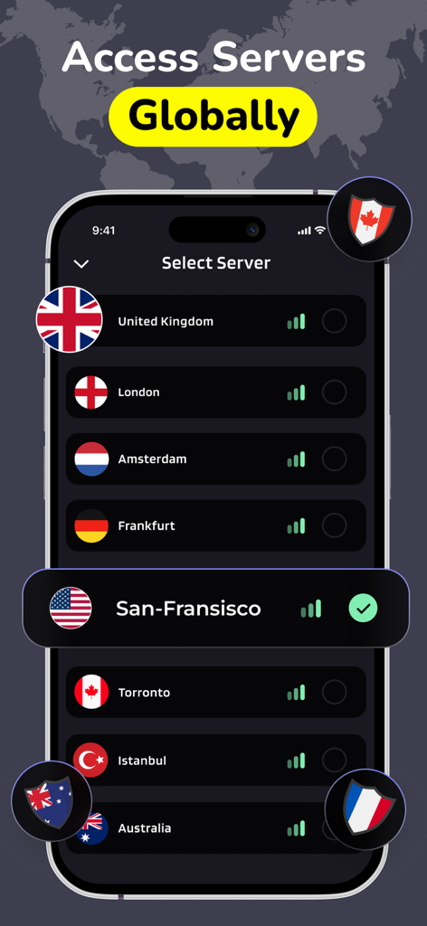 VPN - High Speed VPN, VBN, VP - A mobile app interface displaying a list of high speed vpn servers in various global locations
