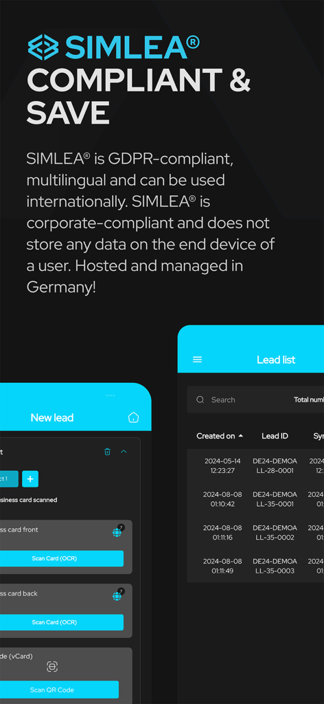 SIMLEA+ - SIMLEA app interface showing lead management lists and business card scanning options.