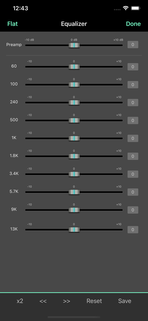 jetAudio Hi-Res Music Player - Graphic equalizer interface with ten frequency sliders in the jetAudio music player app.