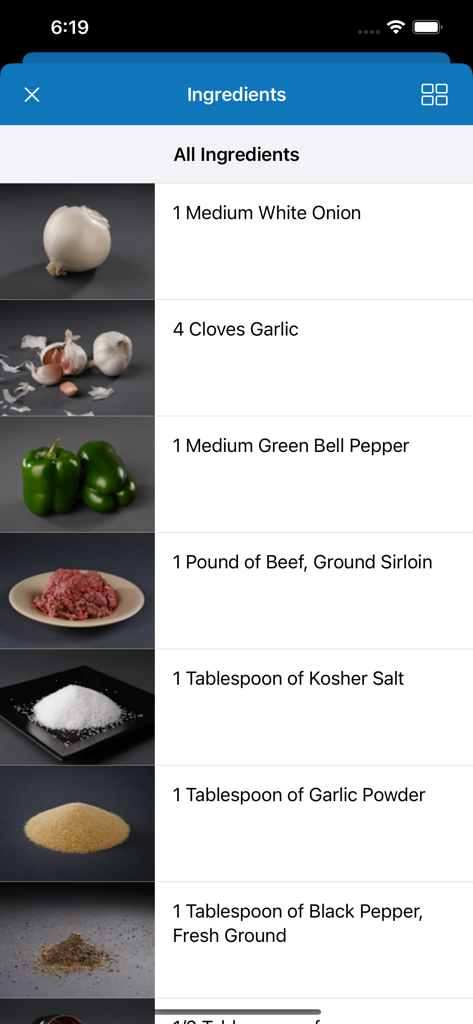 VizChefアプリの画面。玉ねぎ、ニンニク、ピーマン、ひき肉などのレシピ材料のリストと、それぞれに高品質な写真が表示されています。