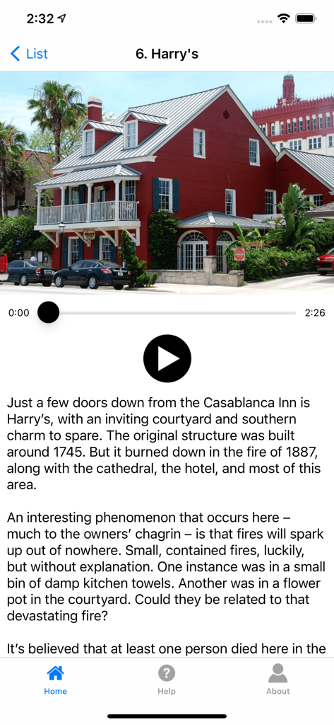 Ghosts of St Augustine app screen showing the narrated tour stop for Harrys restaurant with historical text and building photo