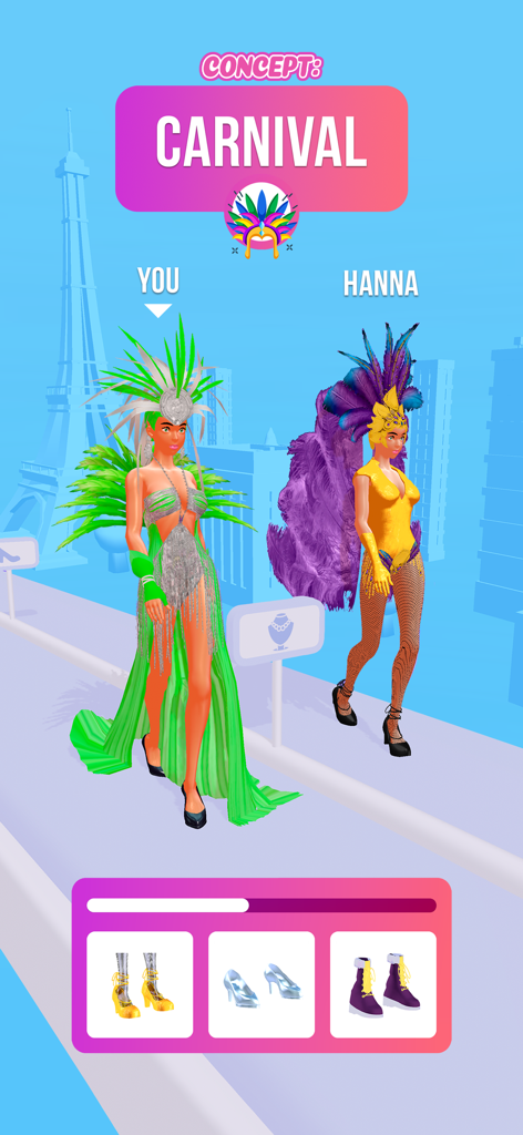 Fashion Queen: Dress Up Game - 패션 런웨이에서 펼쳐지는 캣워크 배틀 중 화려한 카니발 의상을 입은 두 명의 모델