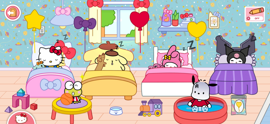Hello Kitty And Friends World - サンリオキャラクターたちが、装飾されたテーマ別寝室で眠ったり遊んだりしている。
