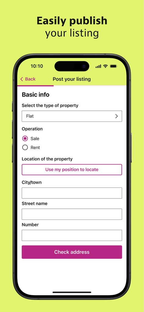 Idealista app interface for publishing a property listing including property type and location fields.