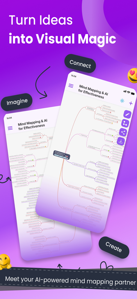 MindMap AIアプリのインターフェース。アイデアをビジュアルマジックに変換という見出しとAI搭載の生産性機能を持つ複雑なマインドマップが表示されます。