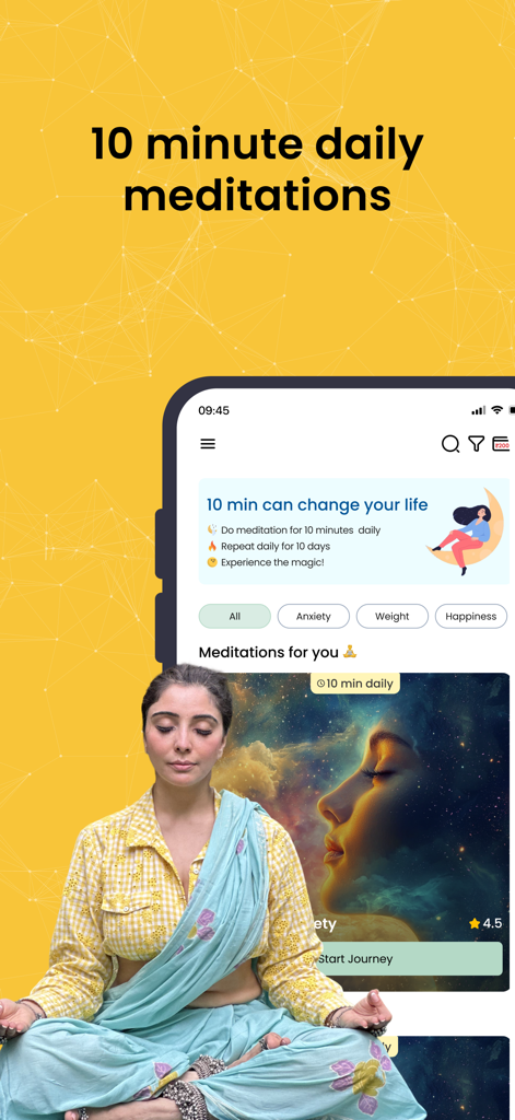Smartphone screen displaying daily meditation options in the AstroKarma app