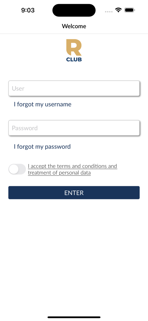Regency Club - Regency Club app login screen with username and password fields