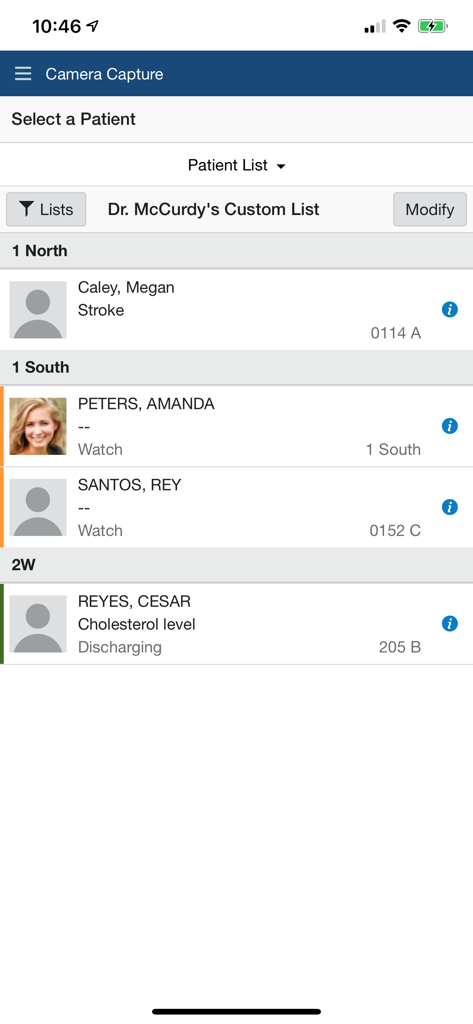 Cerner Camera Capture - Patient selection screen in the Cerner Camera Capture app showing a list of patients by hospital location