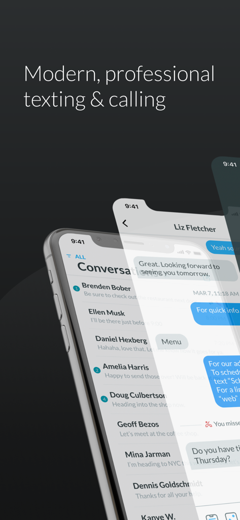 String — Modern Phone Inbox - String app interface showing professional business texting and calling dashboard