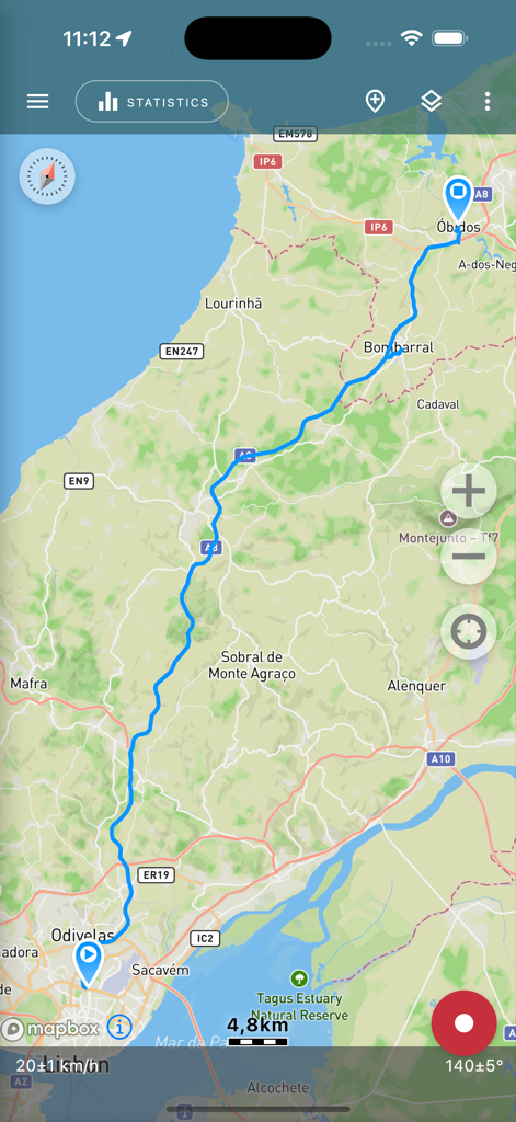 Geo Tracker app screen displaying a recorded GPS route on a topographical map